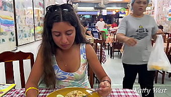 Katty West exposes herself in a public Asian eatery while eating lunch without underwear